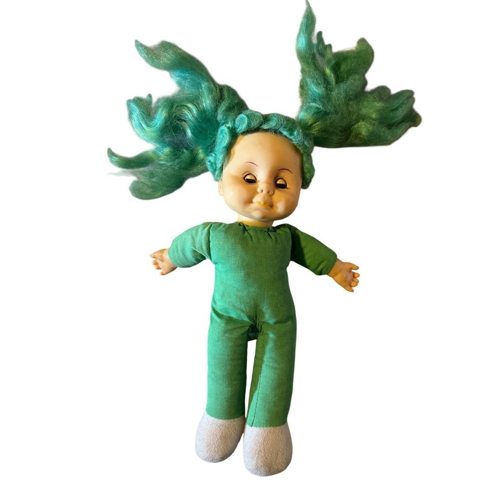 Vintage 1979 Uneeda Doll Co KFS Green Plush Doll Teal Hair Vinyl‎ Face 10 inch